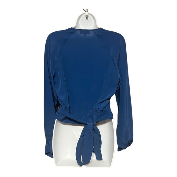 7 For All Mankind Silk Wrap Blouse Small V-Neck Long Puff Sleeve Tie Waist Top - Picture 2 of 8